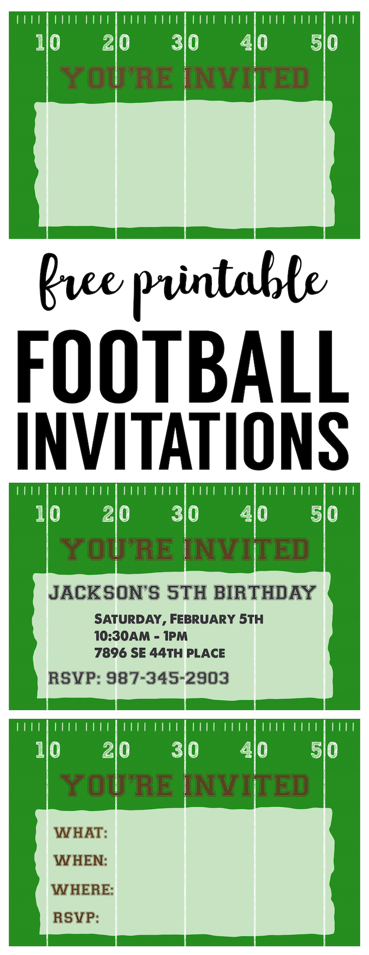 Football Party Invitation Template. Free Printable football invitations. Football party invites for a football birthday party, super bowl party, football themed baby shower, or team football party. 