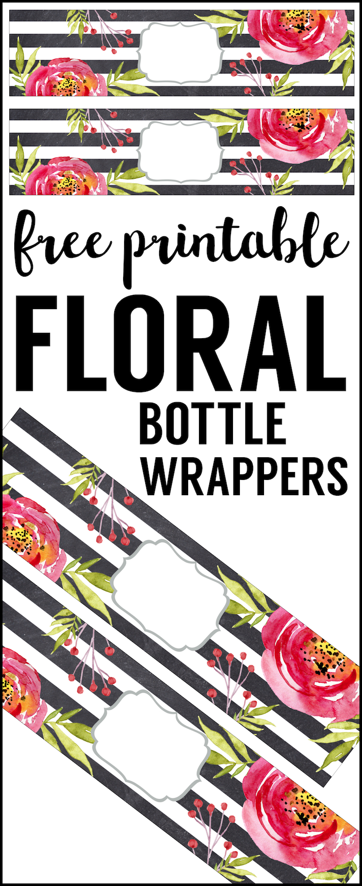 Flower Water Bottle Labels Free Printable. Easy DIY water bottle wrappers for a baby shower, bridal shower, wedding, birthday, spring or Easter party. 
