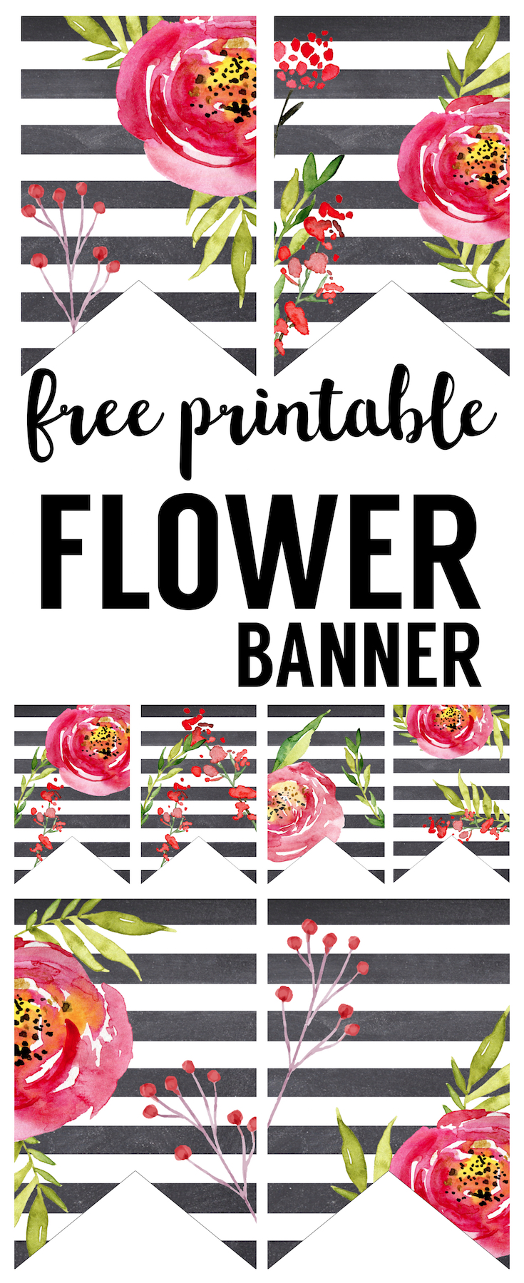 Watercolor Flower Banner Free Printable. Print this spring floral banner for your baby shower, spring decor, bridal shower, wedding decorations, or birthday party. 