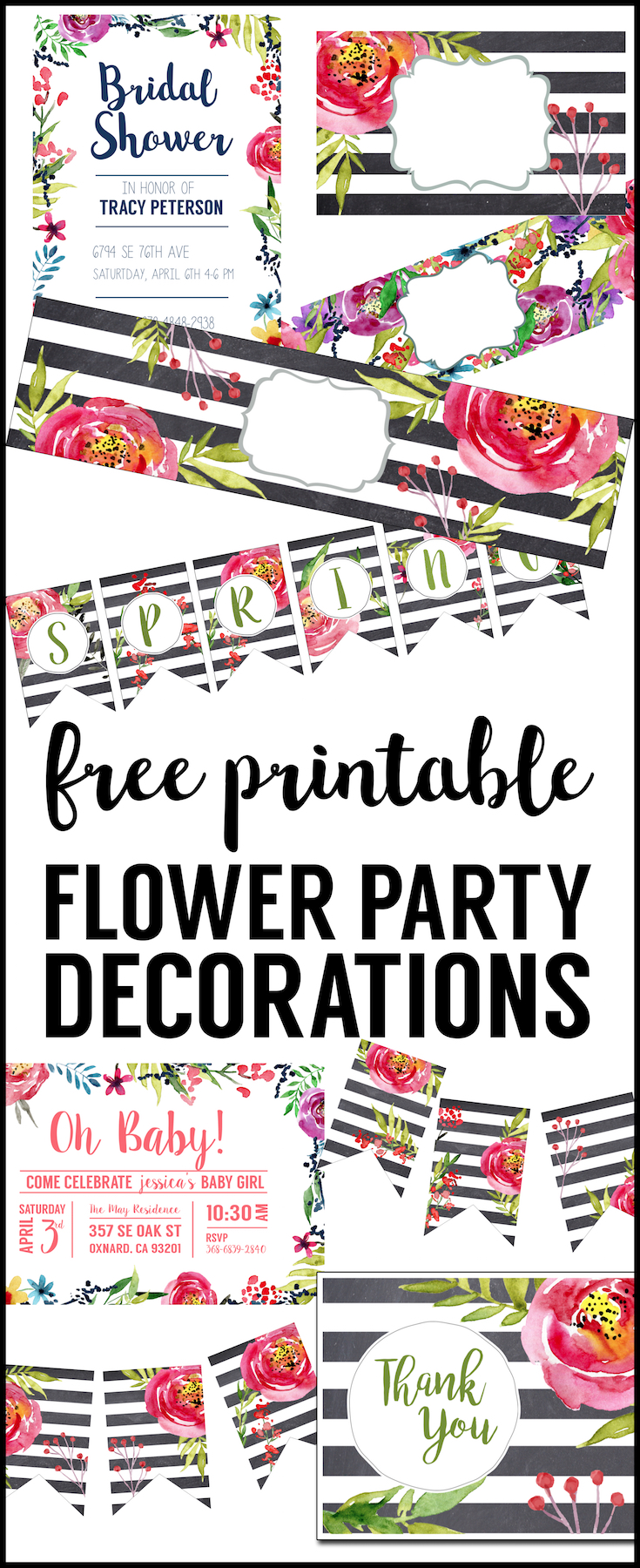  Flower Party Printables, Free Printable Decorations. Print this complete DIY decorations set for a floral baby shower, birthday party, bridal shower, wedding, spring garden party, or Easter brunch. 