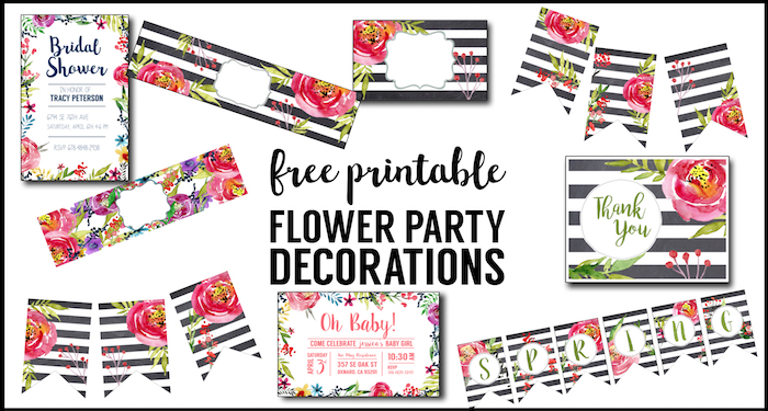 Flower Party Printables, Free Printable Decorations. Print this complete DIY decorations set for a floral baby shower, birthday party, bridal shower, wedding, spring garden party, or Easter brunch.