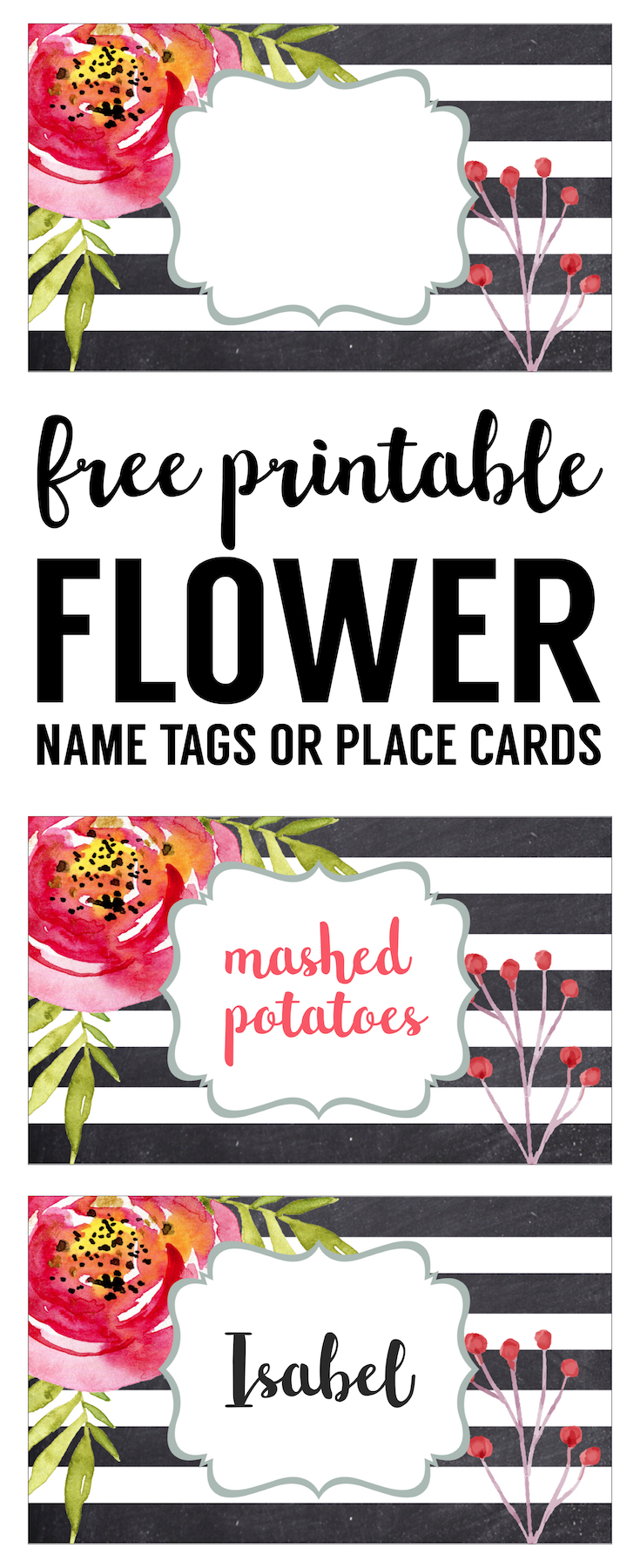 Flower Place Card Holder or Food Labels Free Printable. Great DIY name tags or food tags for birthday parties, baby shower, bridal shower, wedding, spring party, or garden party. 