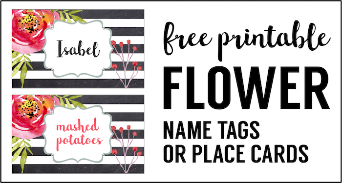 Flower Place Card Holder or Food Labels Free Printable. Great DIY name tags or food tags for birthday parties, baby shower, bridal shower, wedding, spring party, or garden party. 