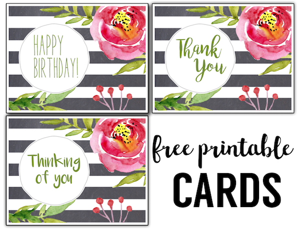 Free Printable Greeting Cards {Thank You, Thinking of You, Happy Birthday}. Print these easy DIY watercolor floral cards. Free printable thank you card | Free printable birthday card | Free printable thinking of you card.