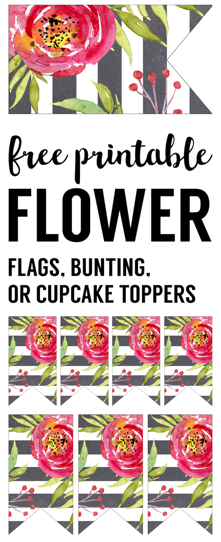 Flower Cupcake Topper Flags Free Printable. Floral bunting free printable for a garden party, baby shower, wedding, Easter or Spring party, bridal shower, or birthday party decorations. 