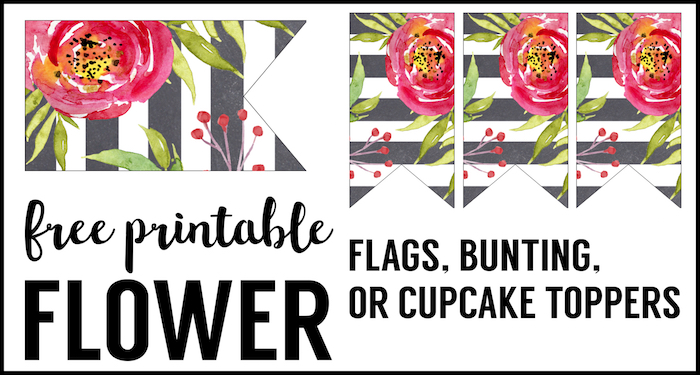 Flower Cupcake Topper Flags Free Printable. Floral bunting free printable for a garden party, baby shower, wedding, Easter or Spring party, bridal shower, or birthday party decorations.