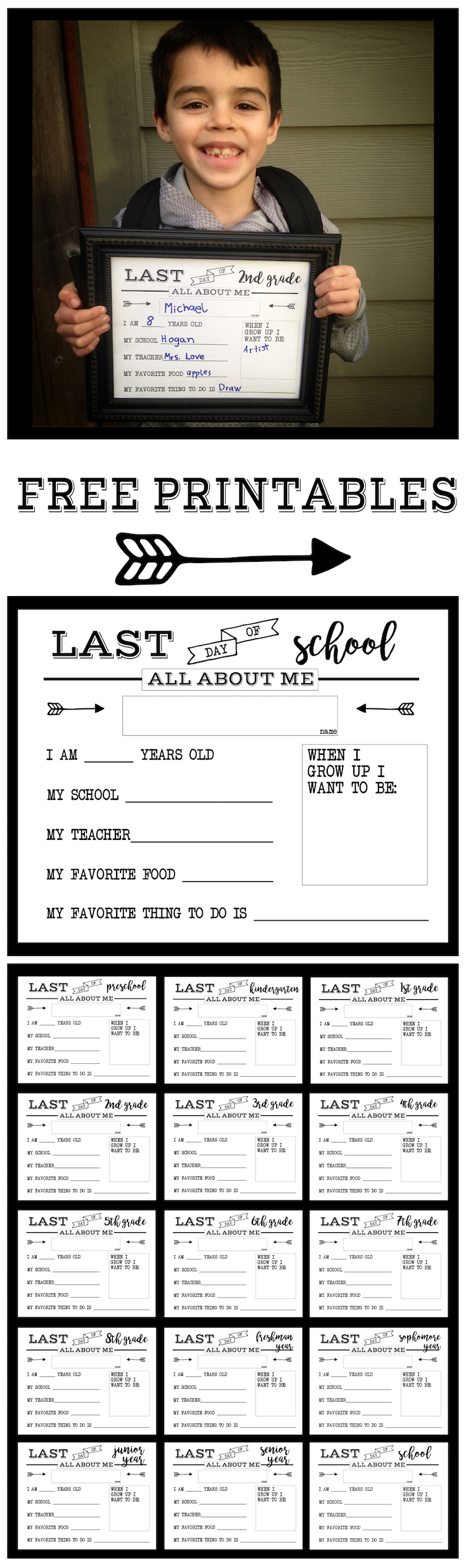 Last Day of School Free Printable All About Me Sign. End of year printable sign for preschool, kindergarten, first grade through senior year.