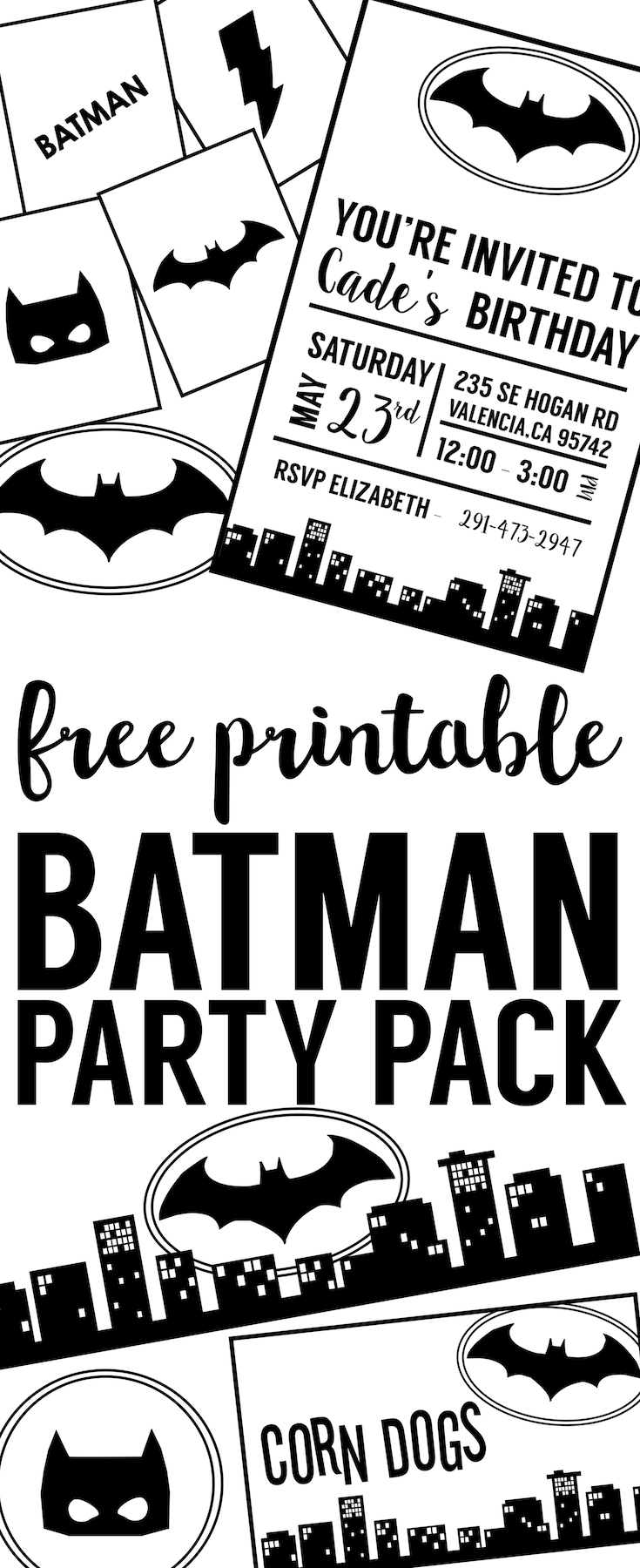 Free Batman Party Printables for a DIY Batman Birthday party, Halloween party, baby shower. Easy cheap Batman party decor. Batman party free printables. 