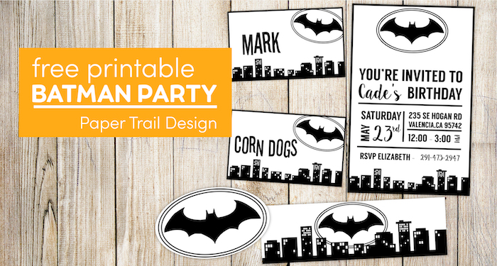 Batman party inviation template, water bottle wrapers, name tags, and cupcake toppers with text overlay- free printable Batman party