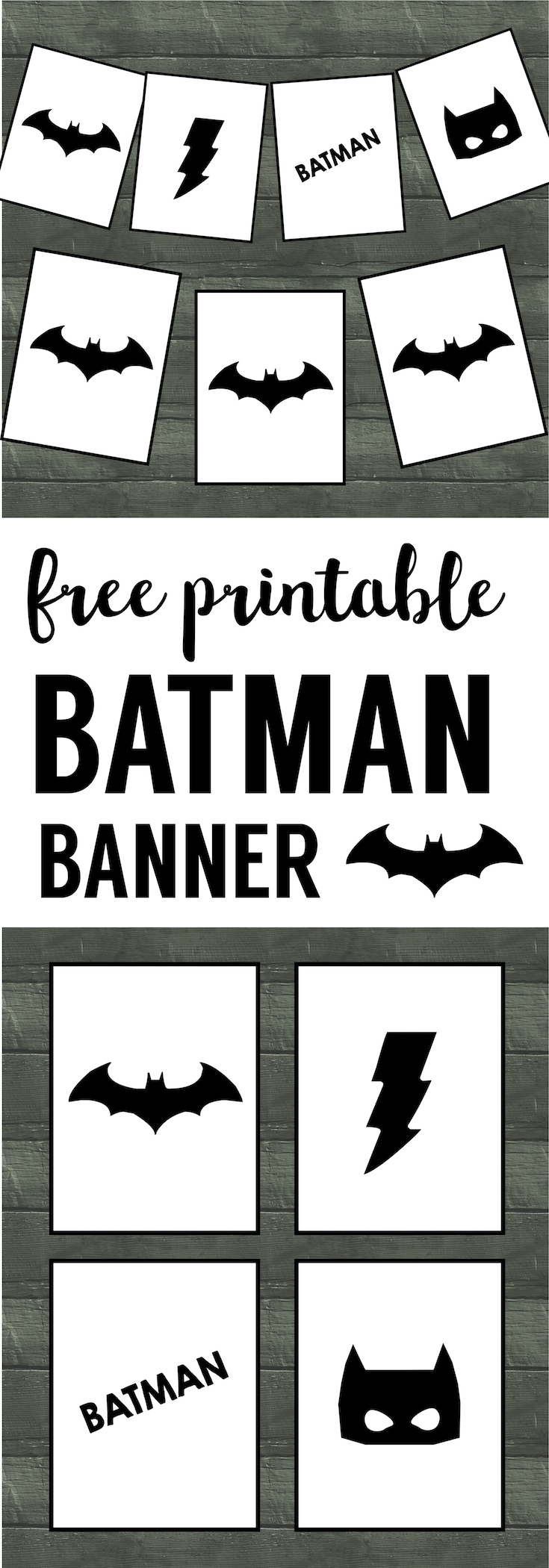 Batman Party Banner Free Printable. Easy decor for a Batman birthday party. Cheap DIY Batman party supplies. Batman party accessories. 