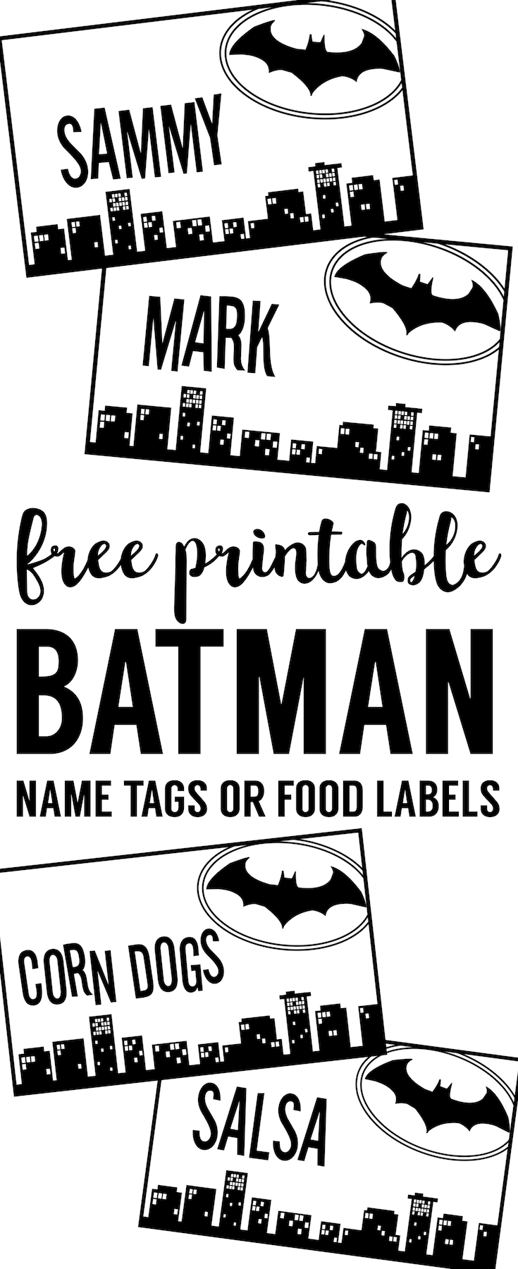Batman Name Tags Free Printable. Use this template to make name cards, place cards, or food labels for your DIY Batman birthday party, baby shower, or Halloween party decor. 