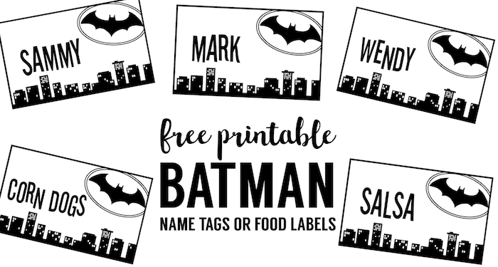 Batman Name Tags Free Printable. Use this template to make name cards, place cards, or food labels for your DIY Batman birthday party, baby shower, or Halloween party decor. 