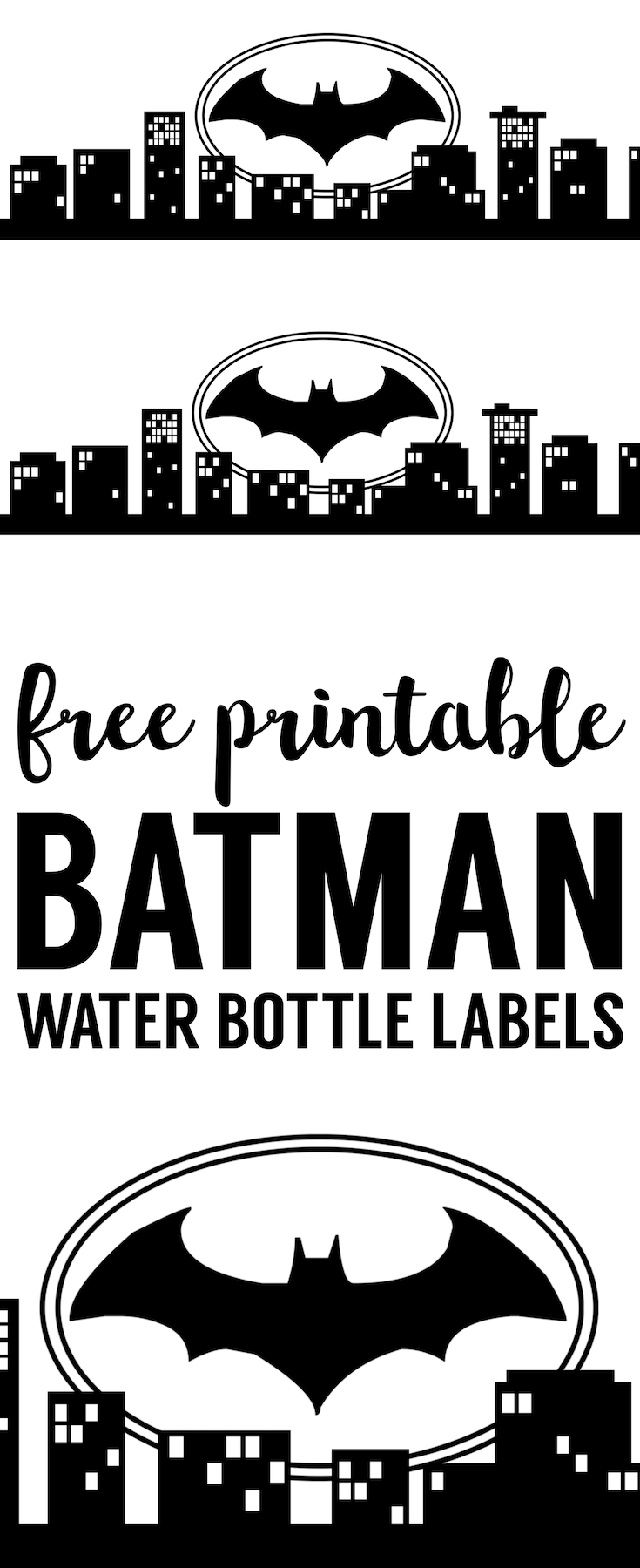 Batman Water Bottle Label Free Printable. Easy DIY Batman water bottle or juice box wrapper. Print this easy decor for your Batman birthday party, baby shower, Halloween, comic theme party. 