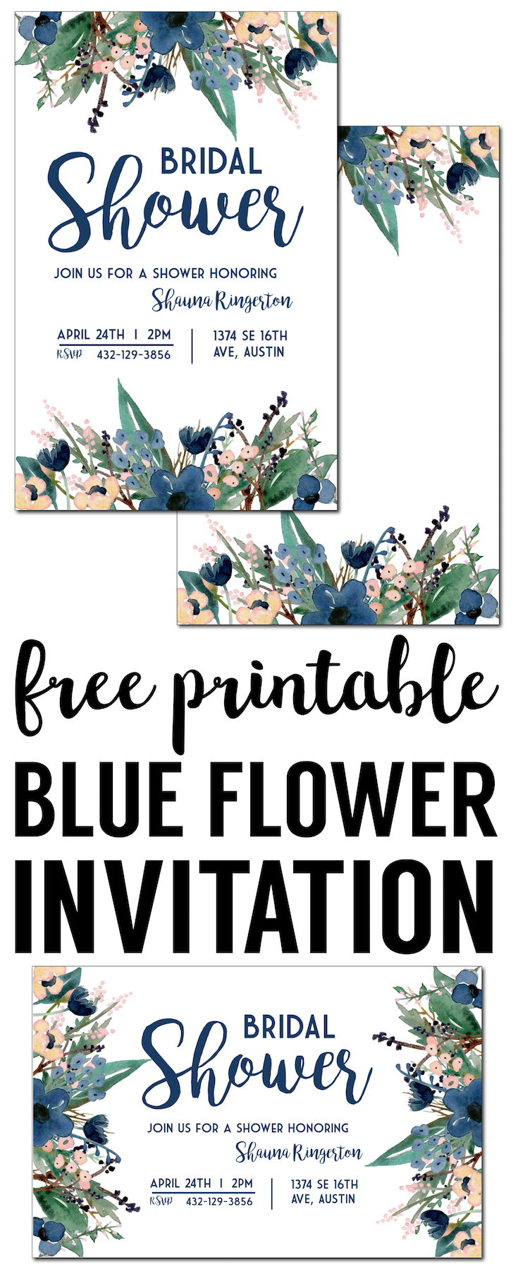 Blue Printable Invitation Templates. These free invitation templates are perfect for a wedding, bridal shower, baby shower, birthday party, or graduation party invitation., 