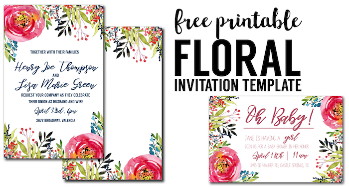 Floral Invitation Template free printable. Flower free invitation template for a birthday party, wedding, bridal shower, baby shower or spring party. Free invitation templates.