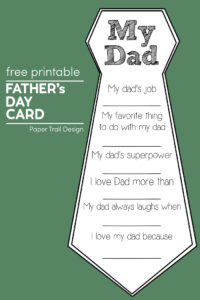 Father's Day fill in the blank card in the shape of a tie with text overlay- free printable Father's Day card