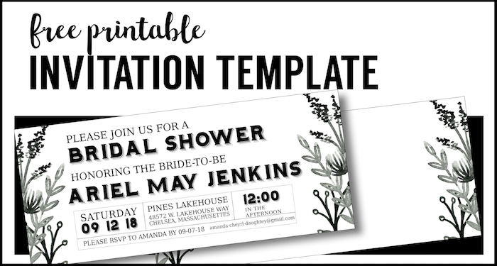 Black White Flowers Invitations Templates Free Printable. DIY free party invitations templates for a baby shower, bridal shower, birthday party, retirement party.