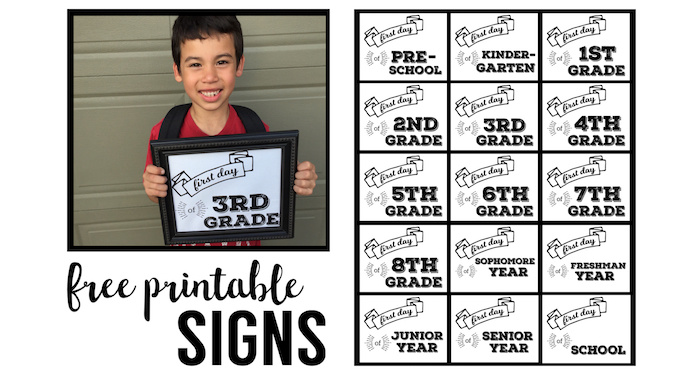 Free Printable First Day of School Signs. Back to school pictures for the first day of preschool, kindergarten, first grade through high school and college.