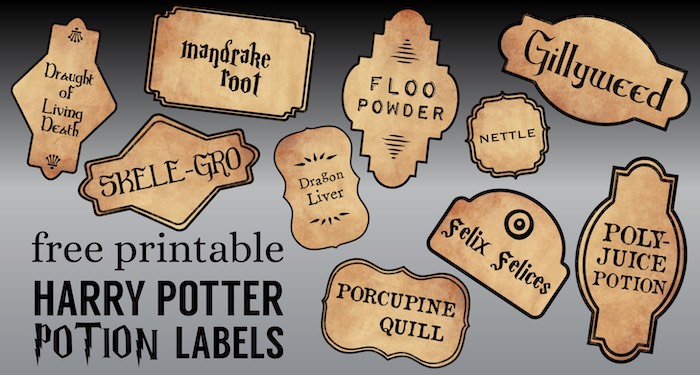 Harry Potter themed potion bottle labels on a black and grey background with text overlay- free printable Harry Potter Potion Labels