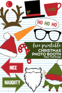 Assortment of Christmas photo booth props including elf and santa hat, glasses, snowman hat, reindeer nose, with text overlay-free printable Christmas Photo Booth