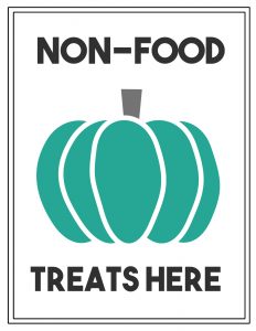 Teal Pumpkin Project Printable Sign. Non-food treats here sign. Display this sign to show you have non-candy trick or treat options for food allergies. 