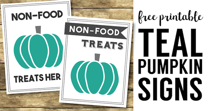 Teal Pumpkin Project Printable Sign. Non-food treats here sign. Display this sign to show you have non-candy trick or treat options for food allergies.
