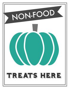 Teal Pumpkin Project Printable Sign. Non-food treats here sign. Display this sign to show you have non-candy trick or treat options for food allergies. 