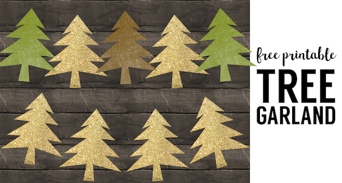 Woodland Tree Garland Free Printable Banner. Gold, green, and brown easy DIY tree banner for Christmas decor, Woodland baby shower or birthday party. Inexpensive decorations.