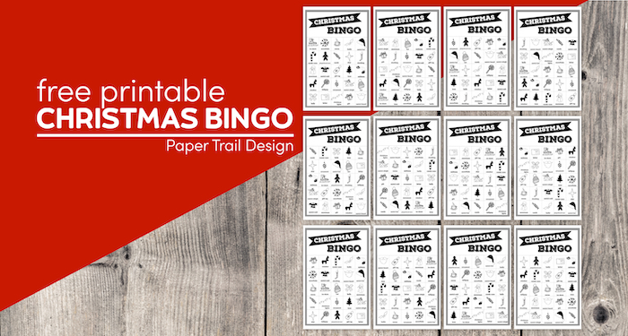 12 Christmas bingo cards with text overlay- free printable Christmas bingo cards