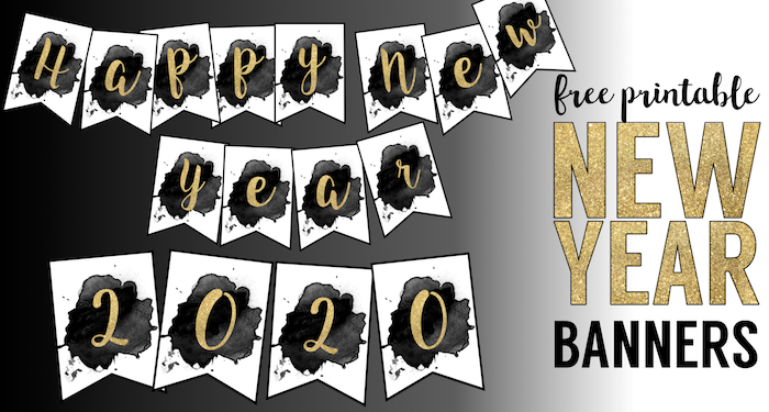 Free Printable Happy New Year Banner. 2018 Banner flags as well as 2019, 2020, 2021 and more! Gold and black happy new year banner for your New Year party. #papertraildesign #NewYearParty #2018 #2019 #HappyNewYear