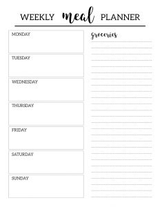 Free Printable Meal Planner Template. Weekly dinner menu plan DIY with grocery list included. Prep & organize daily meals and shopping list. #papertraildesign #mealplanning #mealprepping #weeklymealprep