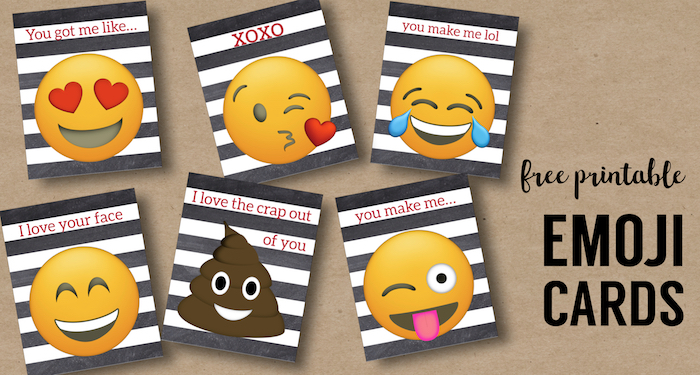 Free Printable Emoji Valentine Cards. Easy DIY emoji Valentine's Day cards. Kissy face emoji, poop emoji heart face and more. #papertraildesign #valentinesday #valentinesdayideas #emoji