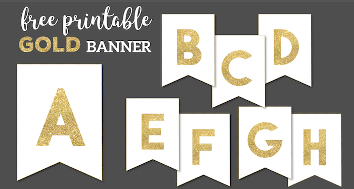 Gold Free Printable Banner Letters template. Create a DIY personalized custom banner for birthday party decor, Christmas, wedding, New Year, Holidays. #papertraildesign #gold #goldbanner #banner #birthday #babyshower #birthdaybanner #babyshowerbanner #custombanner #freeprintable #printable