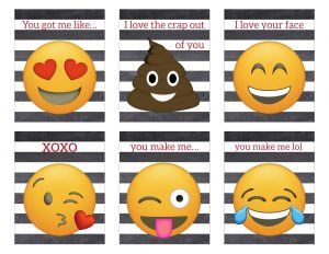 Free Printable Emoji Valentine Cards. Easy DIY emoji Valentine's Day cards. Kissy face emoji, poop emoji heart face and more. #papertraildesign #valentinesday #valentinesdayideas #emoji