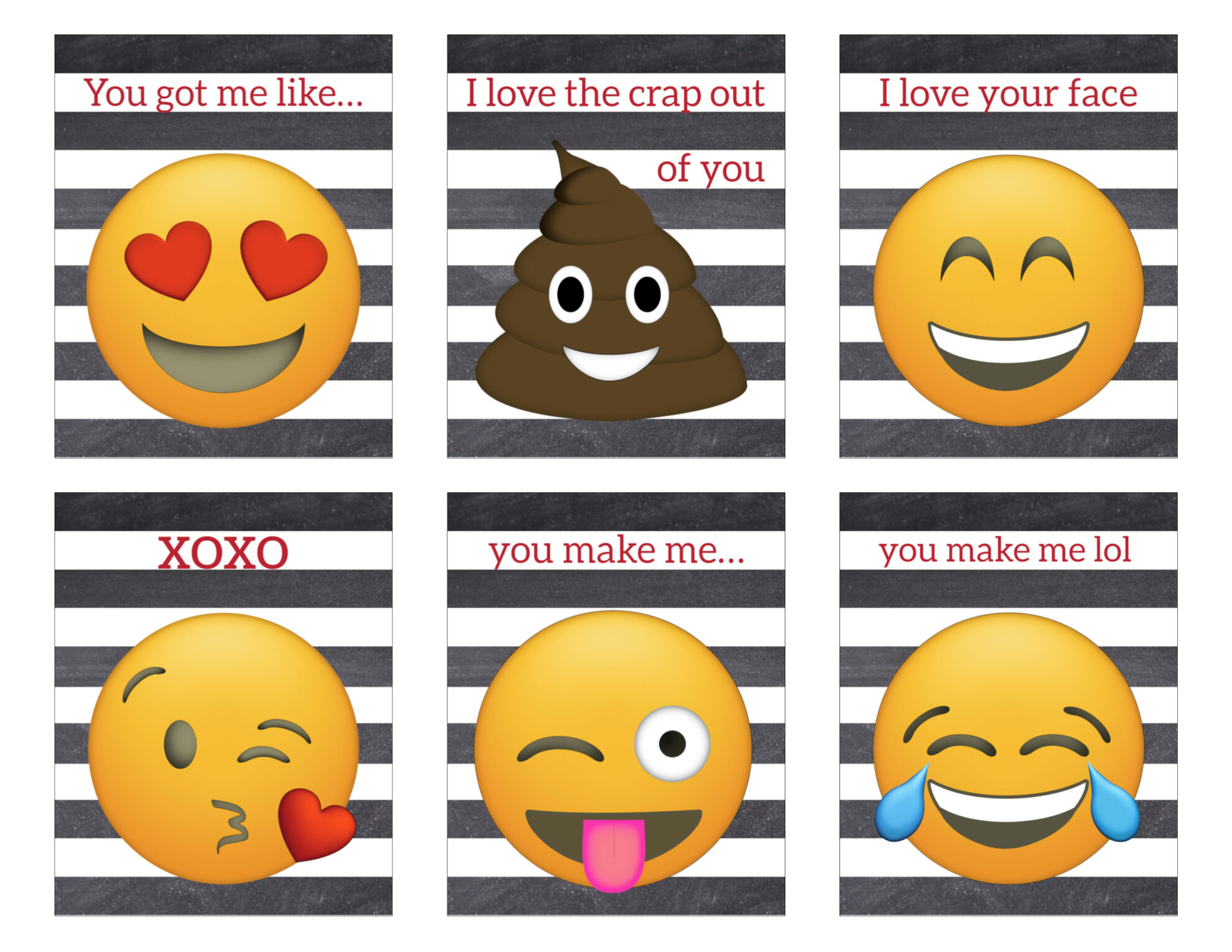 Click the following links to print the Printable Emoji Valentine Cards.