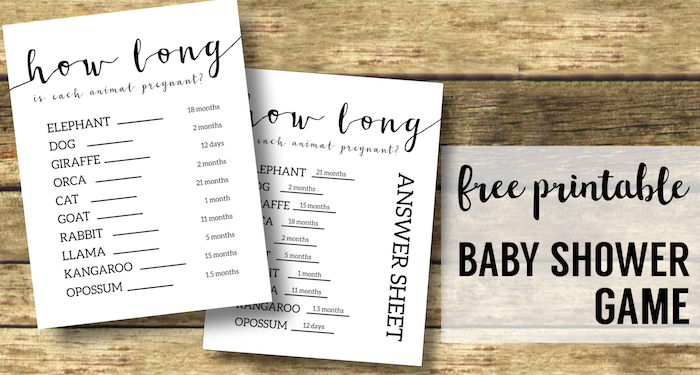 Free Baby Shower Games Printable {Animal Pregnancies}. Girl of Boy Baby shower printable. Easy fun DIY baby shower activity. #papertraildesign #babyshowergames #babyshowerideas #easybabyshower