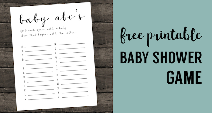 Baby Shower Games Ideas {ABC game free printable}. Best easy DIY boy or girl baby shower game to play for large groups. Cheap and inexpensive. #papertraildesign #babyshowergames #boybabyshower #girlbabyshower