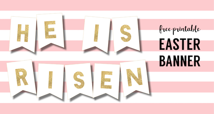 DIY Religious He is Risen Banner Free Printable. Christian banner sign for Easter Sunday decoration. Easy Easter resurection decor. #papertraildesign #eastercrafts #easterdecor #DIYeaster