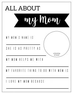Mother's Day Gifts for Kids to Make {Fill in Cards}. Easy Mother's idea for school, church, or at home. All about mom free printable card. #papertraildesign #mothersdayprintable #freeprintable #lovemom