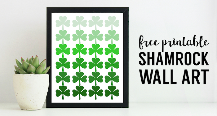 Shamrock Pattern Printable St. Patrick's Day Decor. Easy St. Patty's Day decoration idea DIY wall art print. Ombre shamrock irish ideas. #papertraildesign #shamrockdecor #shamrockprintable #lucky