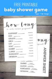 Baby shower game page with animals and length of pregnancies listed with text overlay- free printable baby shower game