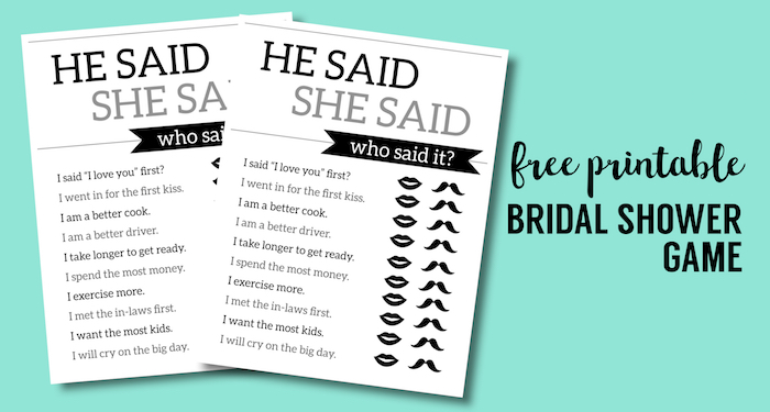 Free Printable Wedding Shower Games {He Said She Said}. Best easy free bridal shower games ideas. Did the bride or groom say these? #papertraidesign #bridalshower #weddingshower #bridalshowergames