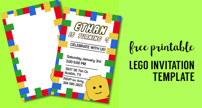 Free Printable Lego Birthday Party Invitation Template. Editable DIY kids birthday party invitaiton or lego baby shower invitation. #papertraildesign #lego #birthdayparty #legobirthday