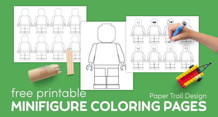 Printable Lego minifigure template coloring page with colored pencils, lego car, and kids hand with marker with text overlay- free printable minifigure coloring pages