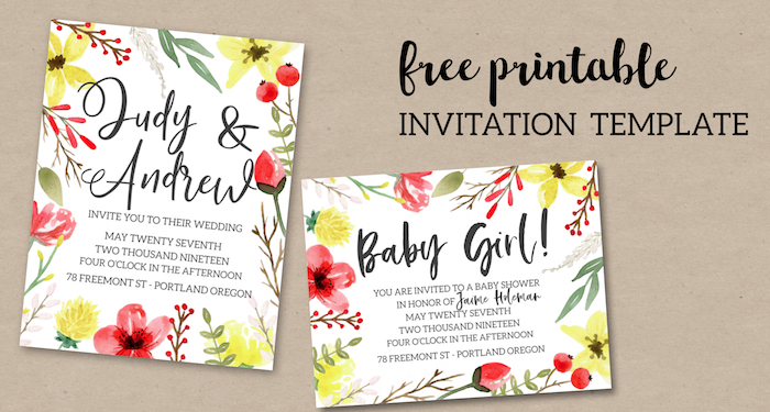 Pink & Yellow Flowers Free Printable Invitation Template. Easy customizable wedding, birthday, or baby shower, or bridal shower invitation. #papertraildesign #wedding #weddinginvitation #weddinginvitations