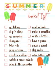 Free Printable Summer Bucket List Ideas Template. Family bucket list template for kids, adults, toddlers, or teens, college, or couples. #papertraildesign #summeractivities #summerfun #summervibes