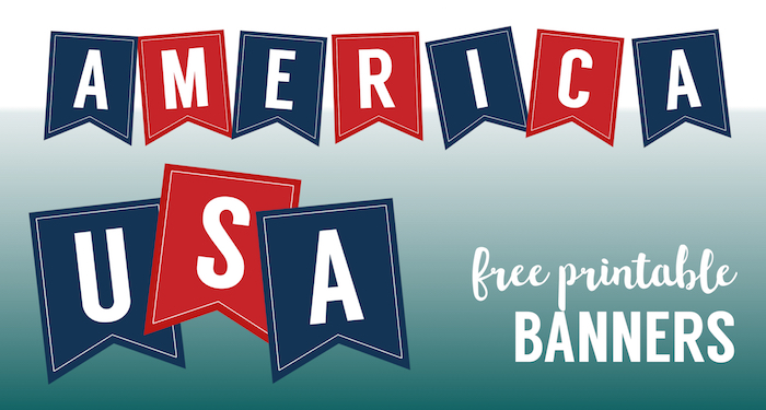 USA Banner Free Printable Decor. Patriotic red, white, and blue flags for 4th of July, Memorial Day, or Veterans Day party decoration. #papertraildesign #4thofJuly #July4th #FourthofJuly