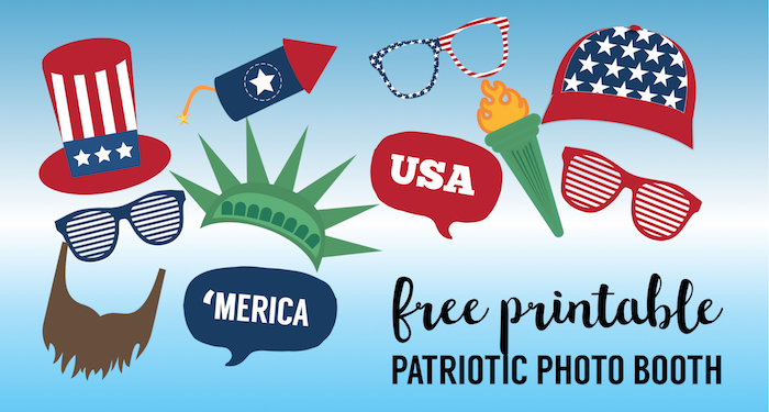 4th of July Photo Booth Props Free Printable. Fun idea for patriotic Independence Day activity at your Fourth of July party or BBQ. #papertraildesign #4thofJuly #July4th #independenceday
