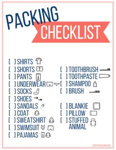 Free Printable Vacation Packing List Template for Kids. Kids travel packing checklist with pictures to help them pack for a trip. #papertraildesign #travelwithkids #vacay #kidspackinglist
