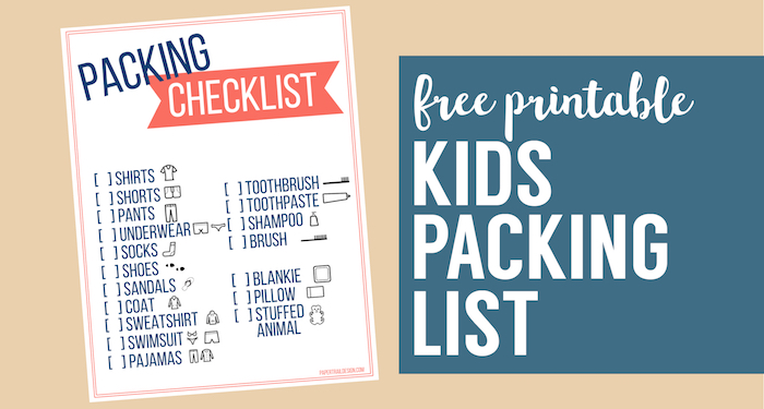 Free Printable Vacation Packing List Template for Kids. Kids travel packing checklist with pictures to help them pack for a trip. #papertraildesign #travel #vacation #packinglist